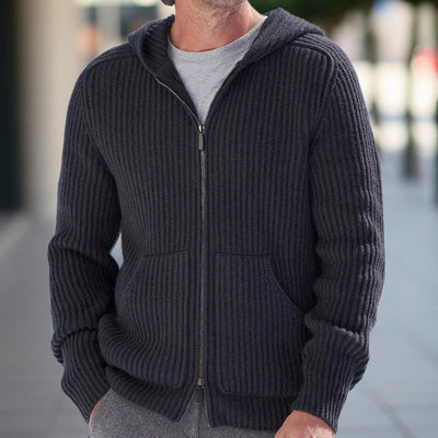 Men’s Knit Cardigan – Hooded – Relaxed Fit – Zipper Front – Ribbed Texture – Casual