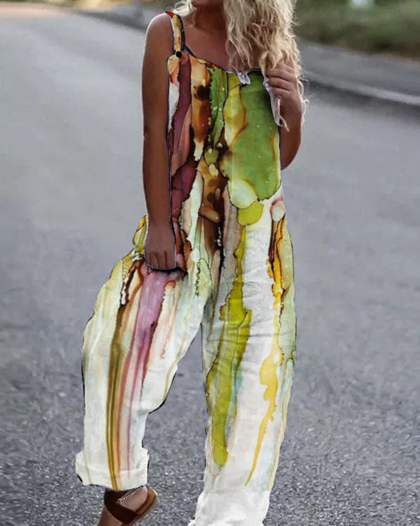 Women’s Jumpsuit – Relaxed Fit – Wide Leg – Artistic Floral – Adjustable Straps – Cotton Blend