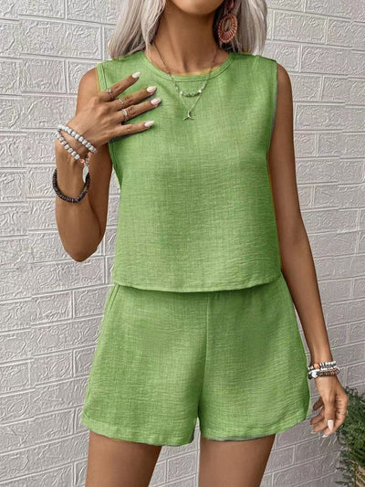 Women’s Matching Set – Linen Blend – Sleeveless Cropped Top & Mid-Thigh Shorts – Relaxed Fit