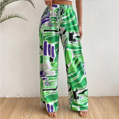 Women’s Wide-Leg Pants – Abstract Print – Elastic Waist – Lightweight Flowing Fit
