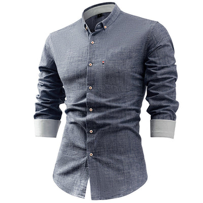 Men’s Button-Up Shirt – Cotton Linen Blend – Slim Fit – Long Sleeve – Point Collar