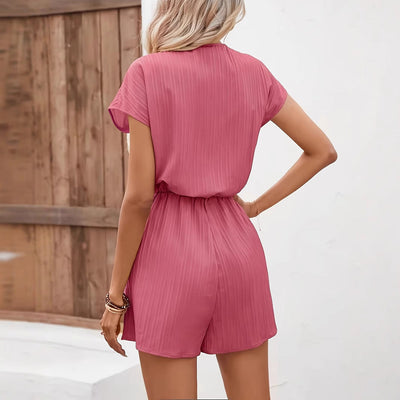 Women’s Romper – Relaxed Fit – Ribbed Fabric – V-Neck Button Front – Drawstring Waist