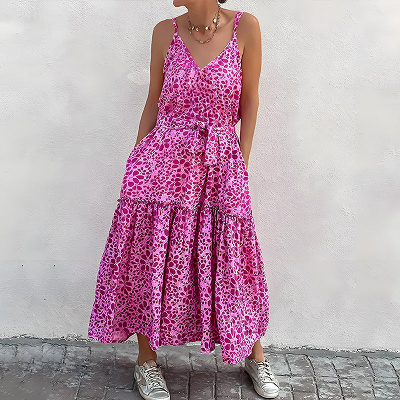 Women’s V-Neck Dress – Sleeveless Relaxed Fit – Tiered Midi Skirt – Waist Tie – Printed