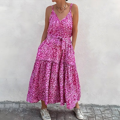 Women’s V-Neck Dress – Sleeveless Relaxed Fit – Tiered Midi Skirt – Waist Tie – Printed