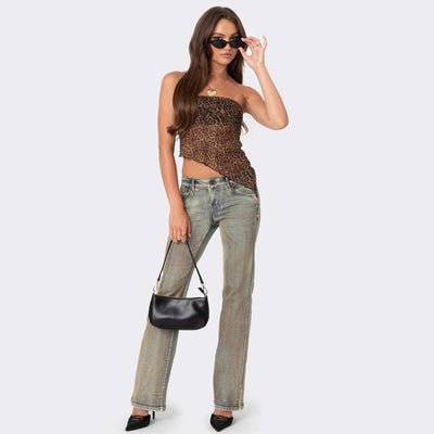 Women’s Tube Top – Strapless Cropped Fit – Asymmetric Hem – Leopard Print