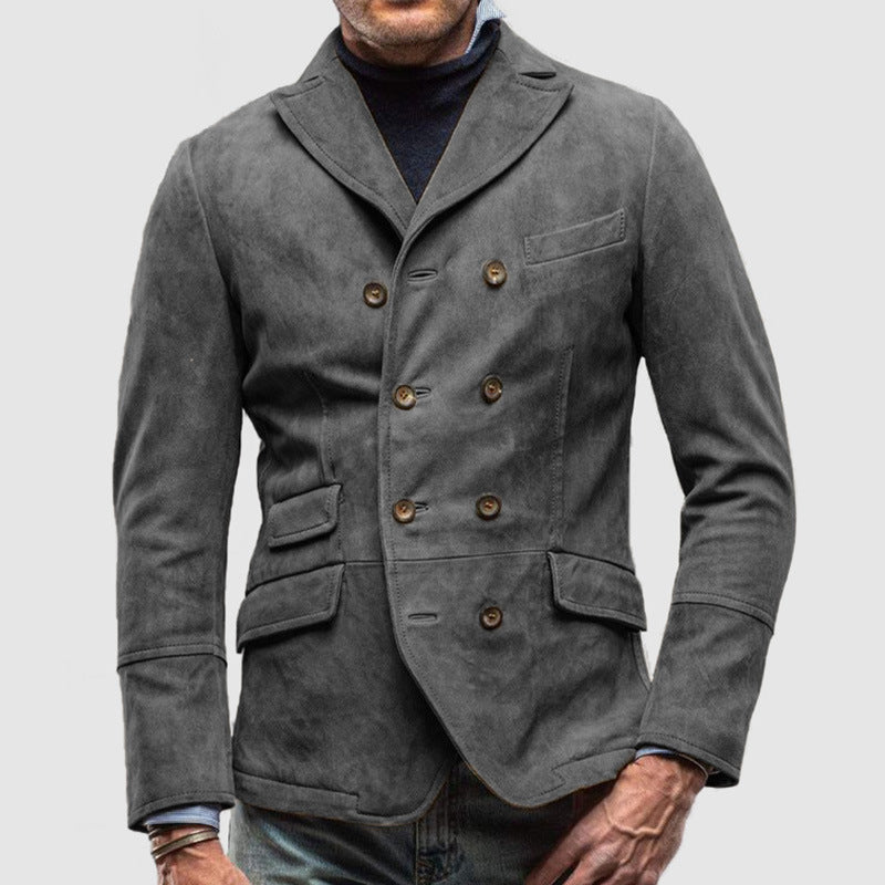 Men’s Double-Breasted Jacket – Suede Feel – Tailored Fit – Lapel Collar – Hip Length