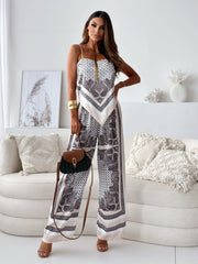Women’s Jumpsuit – Relaxed Fit – Wide Leg – Spaghetti Straps – Satin Feel – Printed