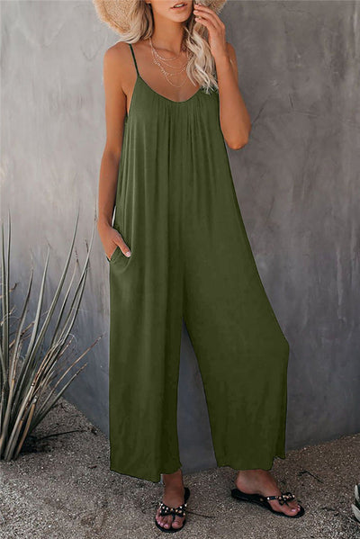 Women’s Jumpsuit – Relaxed Fit – Cotton Blend – Spaghetti Straps – Full Length – Pockets