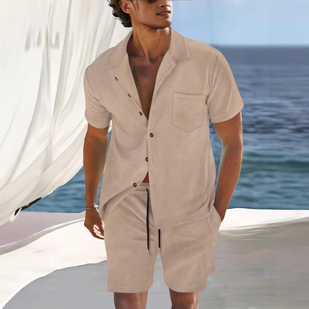 Men’s Shirt and Shorts Set – Cuban Collar – Relaxed Fit – Lightweight Woven Fabric