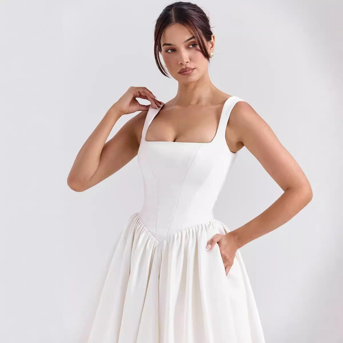 Women’s Maxi Dress – Cotton Fabric – Fitted Waist – Square Neck – Flared Skirt