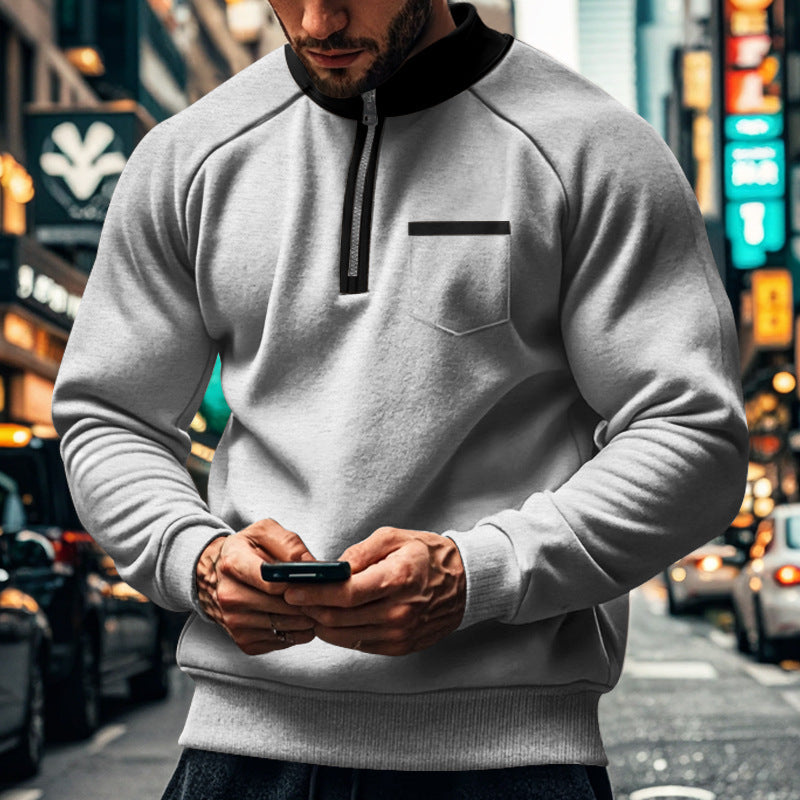 Men’s Sweatshirt – Regular Fit – Zip Neck – Stand-Up Collar – Cotton Blend – Chest Pocket