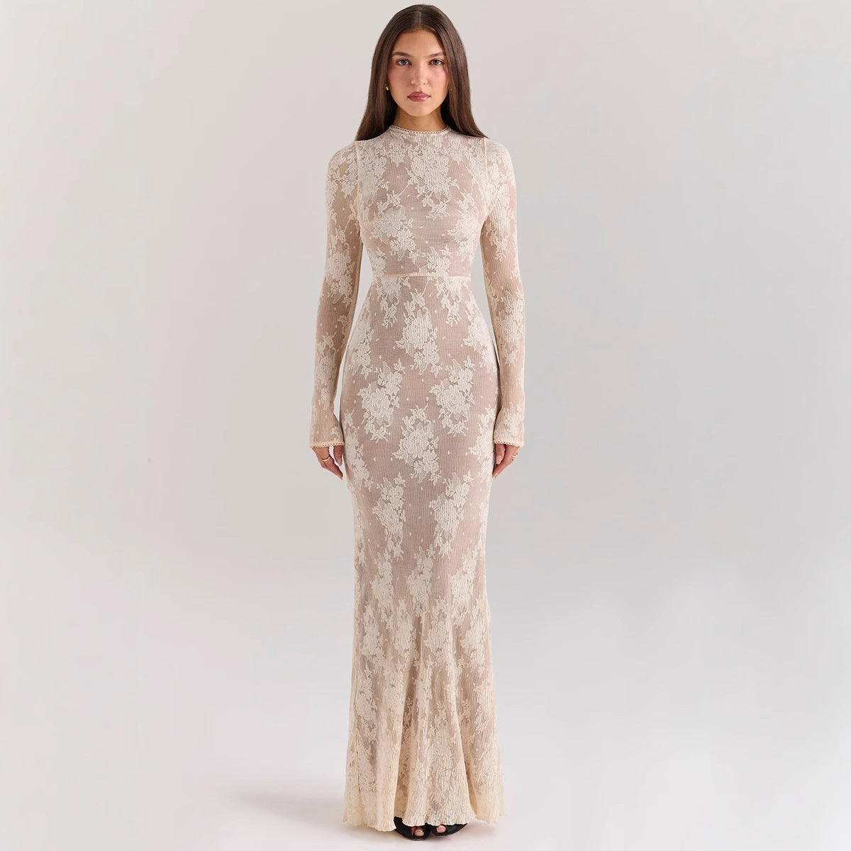 Women’s Lace Gown – Slim Fit – High Neck – Long Sleeve – Fishtail Hem Formal Dress