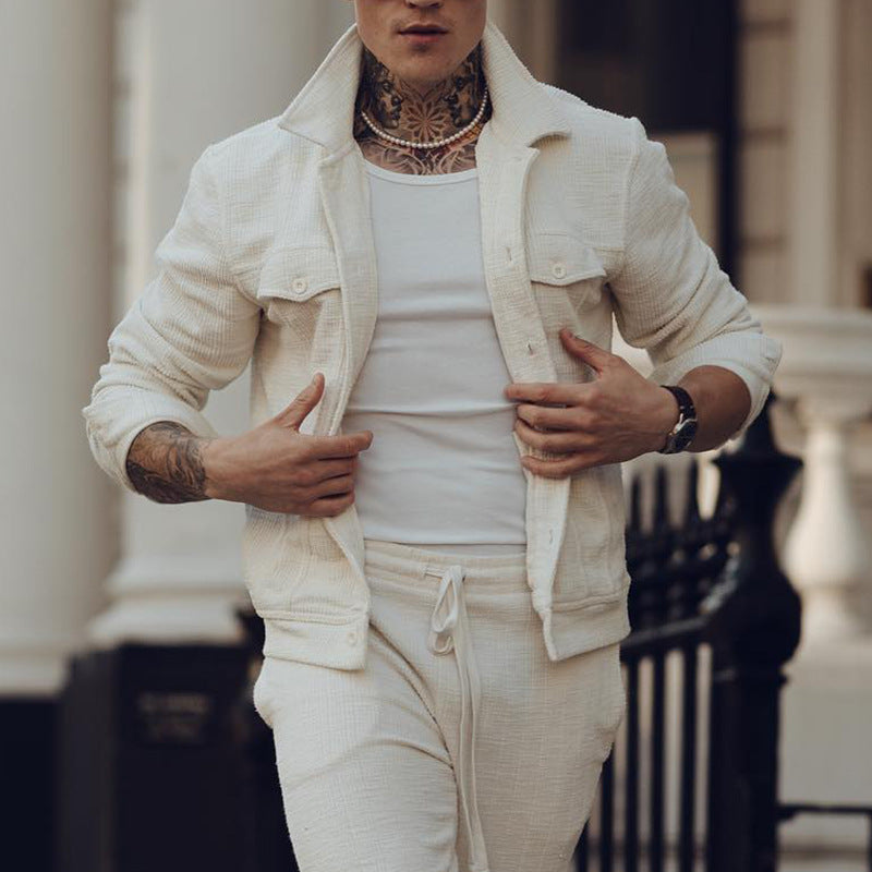 Men’s Suit Set – Tailored Fit Jacket – Textured Cotton – Drawstring Waist Pants