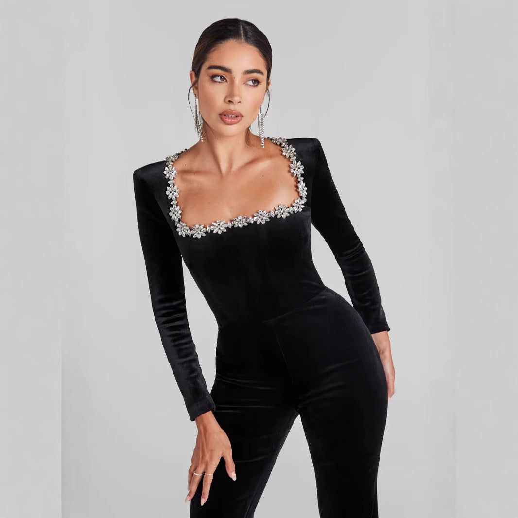 Women’s Jumpsuit – Slim Fit Velvet – Embellished Neckline – Long Sleeve Full Length