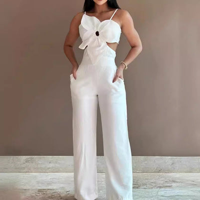Women’s Jumpsuit – Wide Leg – Spaghetti Straps – Bow Front – Cut-Out Sides – Backless