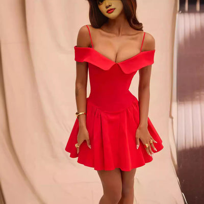 Women’s Fit and Flare Dress – V-Neck – Off-Shoulder Ruffle – Pleated Skirt – Cinched Waist