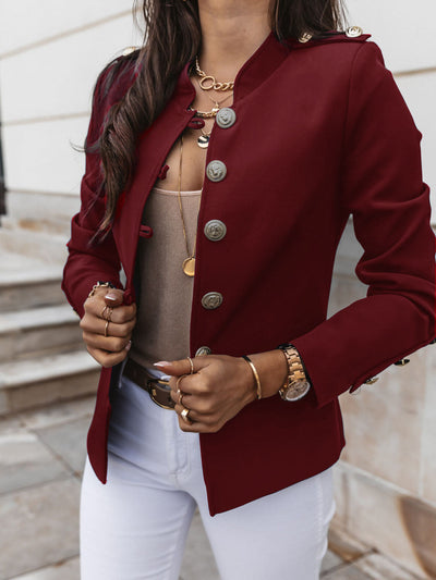 Women’s Blazer – Slim Fit – Gold Button Accents – Mandarin Collar – Structured Short Length