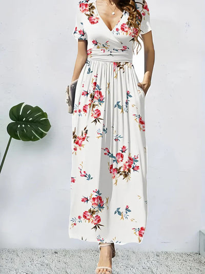 Women’s Wrap Maxi Dress – Floral Print – V-Neck – Cinched Waist – Short Sleeve Flowy Fit