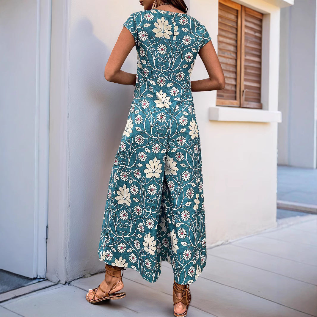 Women’s Jumpsuit – Relaxed Fit – Wide Leg – Short Sleeve – Floral Cotton Blend
