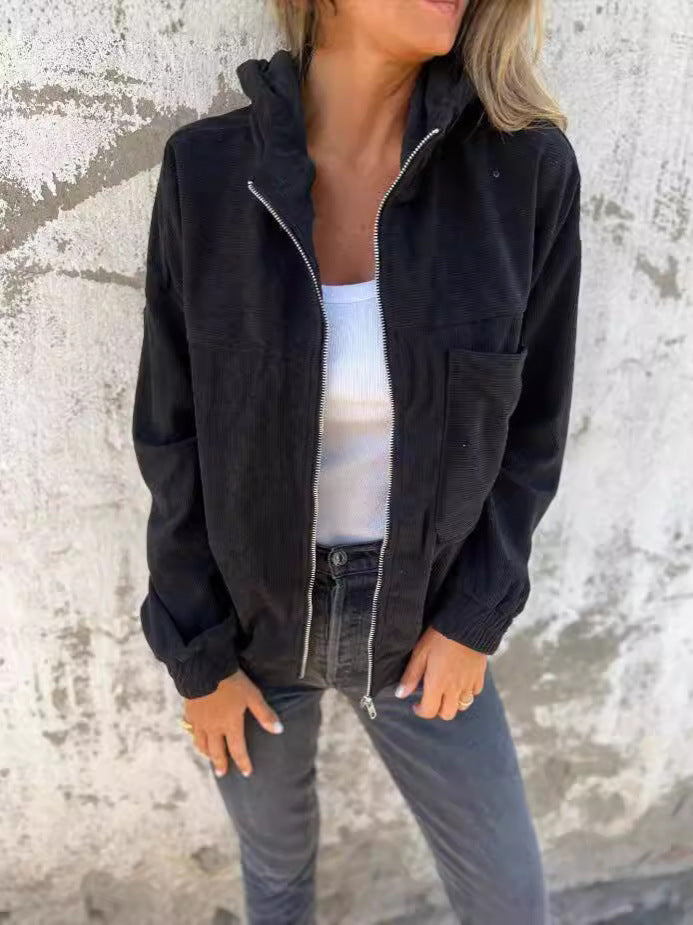 Women’s Hooded Jacket – Corduroy – Relaxed Fit – Zip Front – Waist Length Casual Style