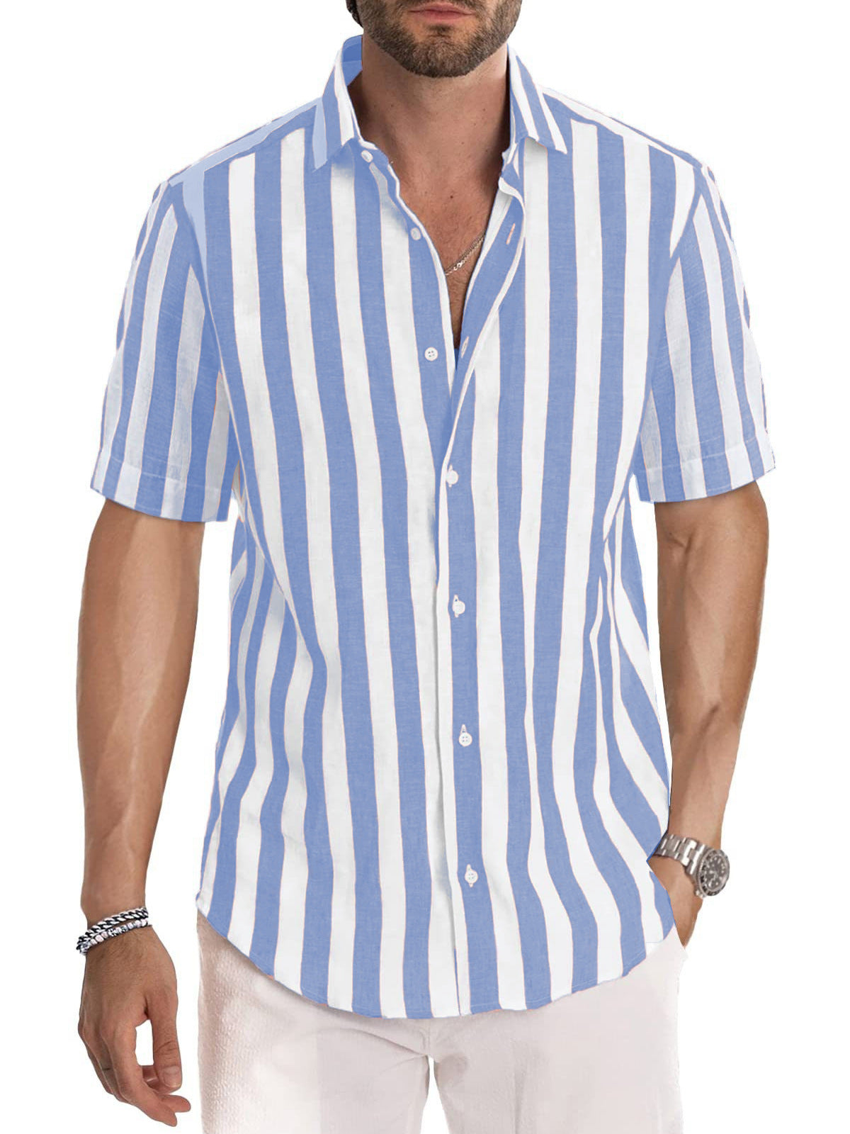Men’s Button-Up Shirt – Relaxed Fit – Cotton – Short Sleeve Striped Casual Style