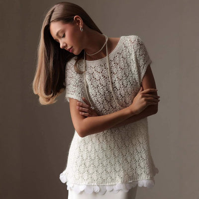 Women’s Knitted Pullover Top – Loose Fit – Lace Hem – Short Sleeve – Belted Waist