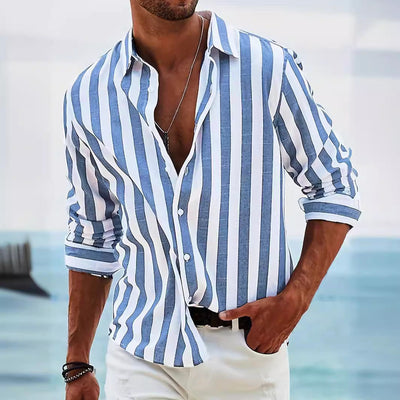 Men’s Long Sleeve Shirt – Cotton Linen Blend – Relaxed Fit – Striped Button-Up