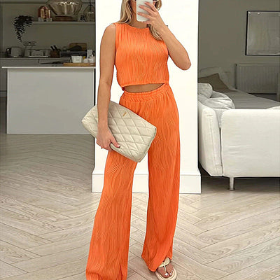 Women’s Two-Piece Set – Ribbed Sleeveless Crop Top – High-Waist Straight-Leg Pants