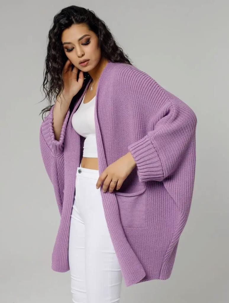 Women’s Knitted Cardigan – Oversized Fit – Chunky Wool Feel – Ribbed Sleeves – Open Front