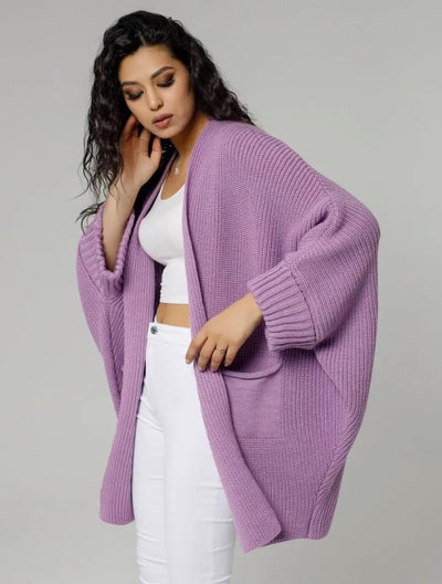 Women’s Knitted Cardigan – Oversized Fit – Chunky Wool Feel – Ribbed Sleeves – Open Front