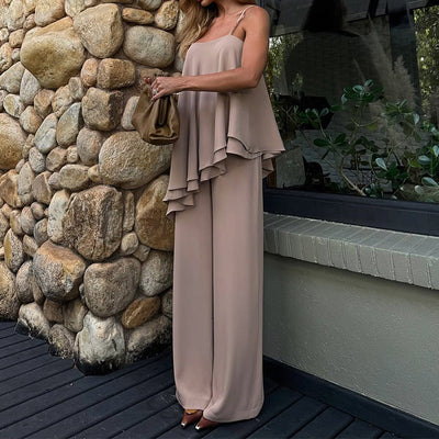 Women’s Two-Piece Set – Asymmetric Draped Sleeveless Top – Straight-Leg Relaxed Pants