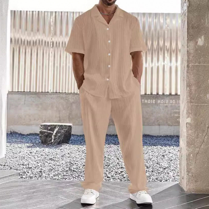 Men’s Casual Set – Button-Up Short Sleeve Shirt & Straight-Leg Pants – Breathable Cotton