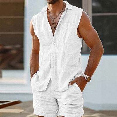 Men’s Sleeveless Shirt – Cotton Linen Blend – Relaxed Fit – Button-Up Casual Style