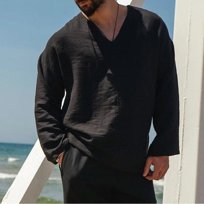 Men’s Linen Shirt – Relaxed Fit – V-Neck – Long Sleeve – Lightweight Casual Wear