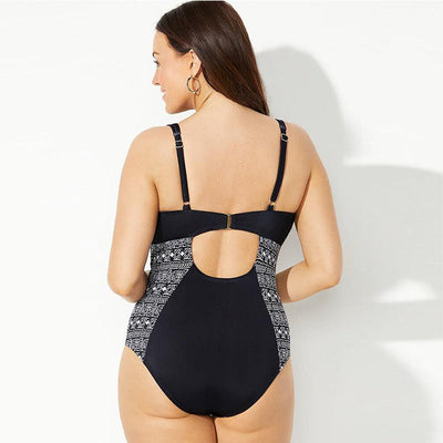 Women’s One-Piece Swimsuit – Stretch Fit – Plunging Neckline – Strappy Printed Design