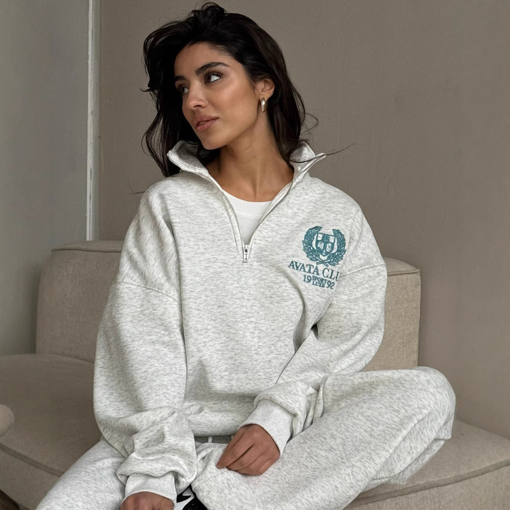 Women’s Half-Zip Sweatshirt – Oversized Fit – Embroidered Front – Cotton Blend