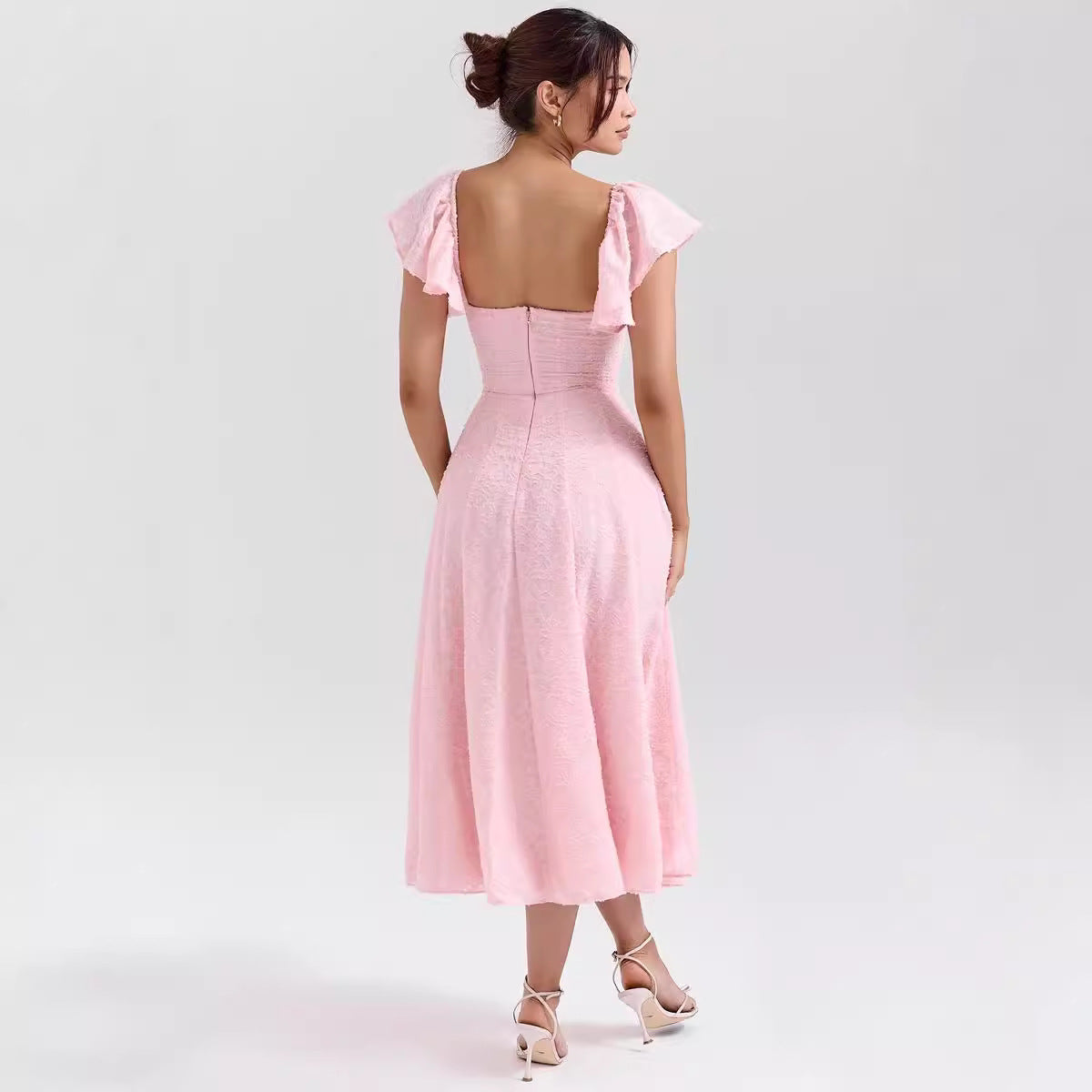 Women’s Midi Dress – Jacquard Fabric – A-Line Fit – Square Neck – Ruffled Sleeves