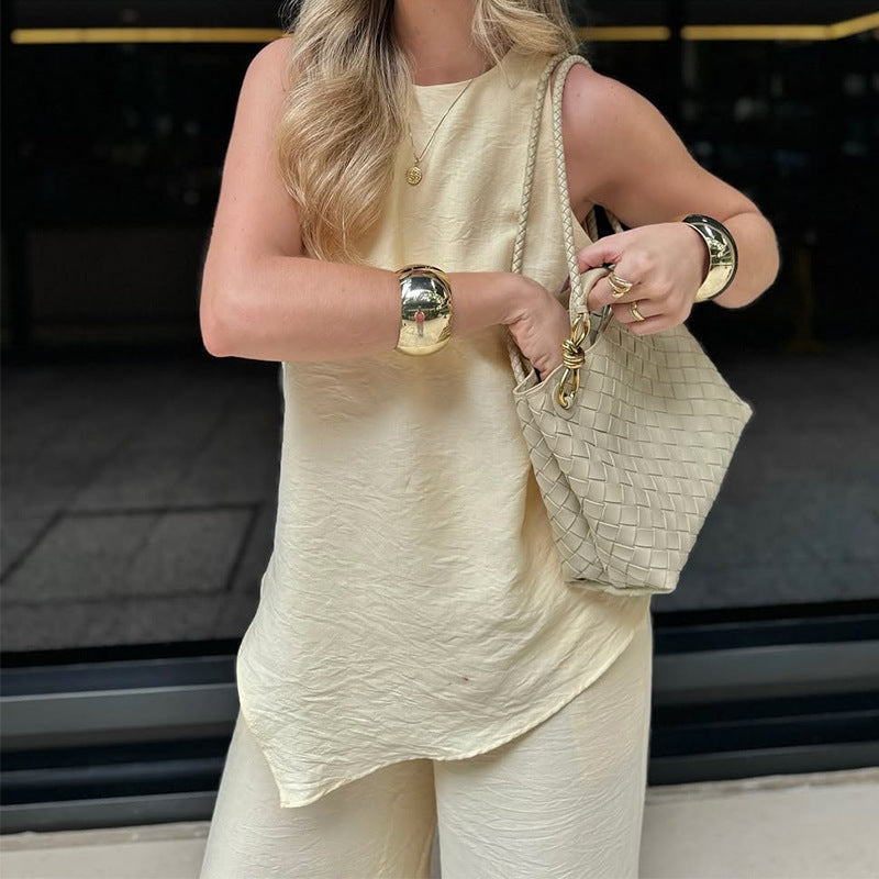 Women’s Two-Piece Set – Sleeveless Asymmetrical Top – Wide-Leg Crinkled Pants