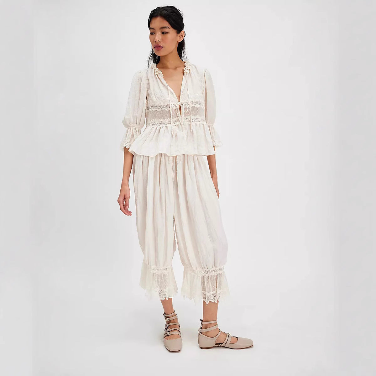 Women's Bohemian Lace Trim Puff Pants - Loose Fit Cropped Trousers