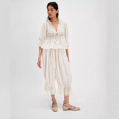 Women's Bohemian Lace Trim Puff Pants - Loose Fit Cropped Trousers