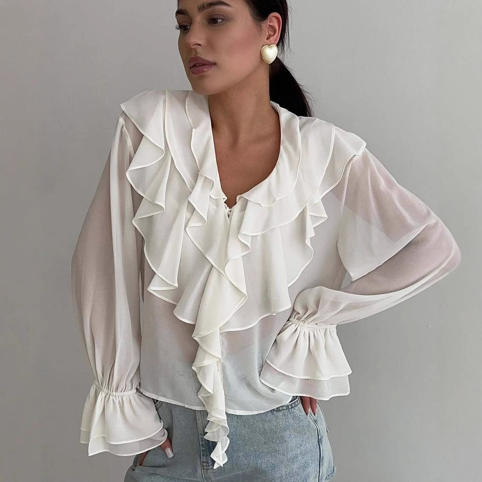 Women’s Blouse – Sheer Lightweight Fabric – Ruffle V-Neck – Relaxed Fit Long Sleeve