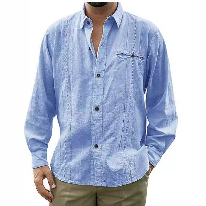Men’s Linen Shirt – Relaxed Fit – Long Sleeve – Button-Up with Chest Pocket