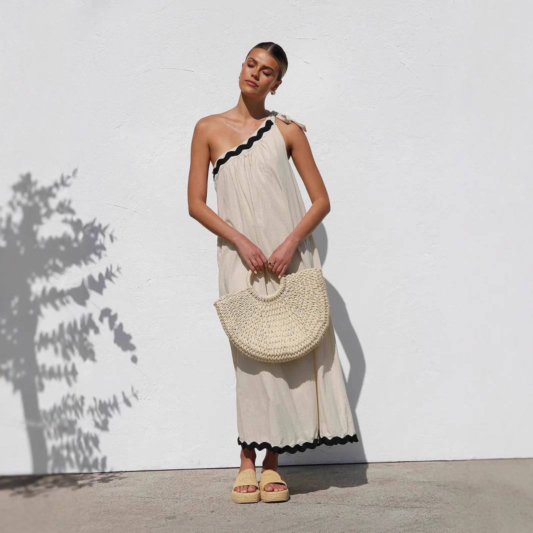 Women’s Long Dress – One Shoulder – Tie Strap – Relaxed Fit – Scalloped Hem – Lightweight Fabric