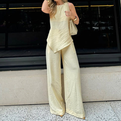 Women’s Two-Piece Set – Sleeveless Asymmetrical Top – Wide-Leg Crinkled Pants