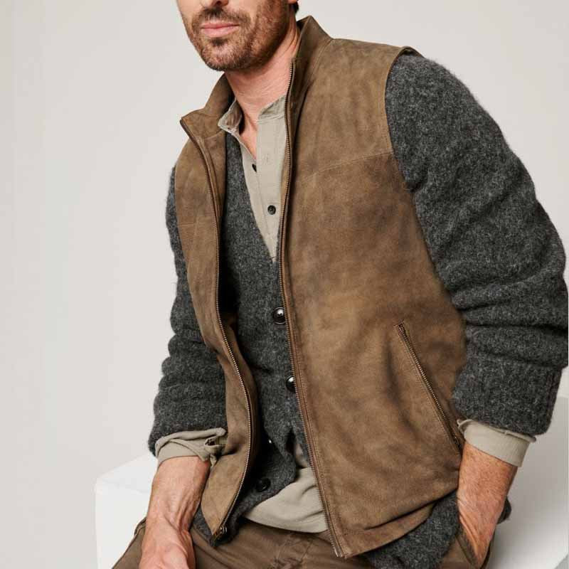 Men’s Vest – Suede Finish – Relaxed Fit – High Collar – Utility Pockets – Waist-Length