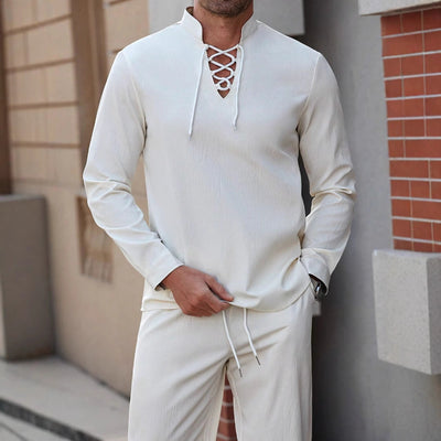 Men’s Henley Shirt – Cotton Linen Blend – Relaxed Fit – Lace-Up Chest – Band Collar