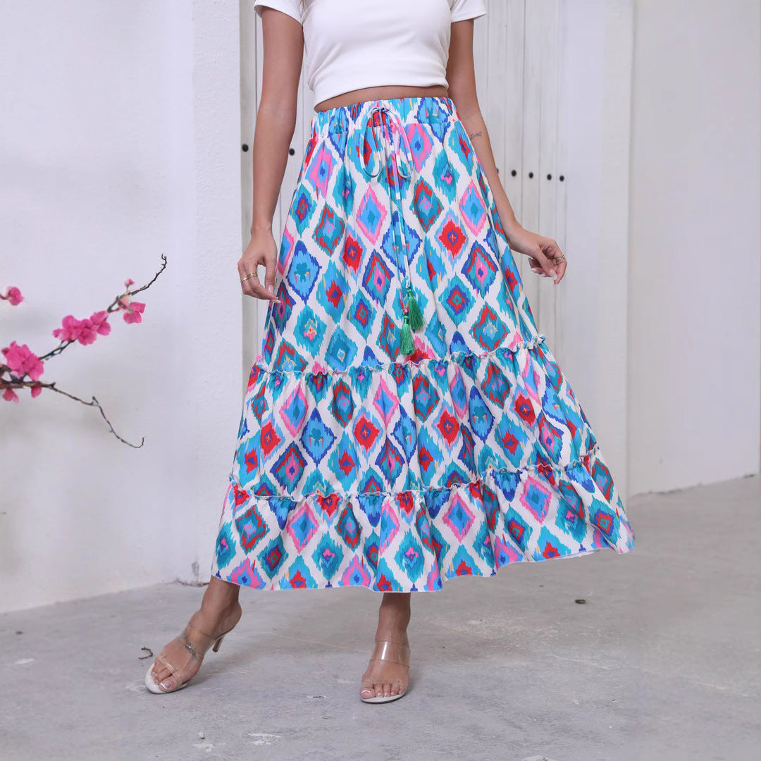 Women’s Maxi Skirt – Tiered Boho Style – Fringe Waist – Relaxed Fit – Cotton Fabric