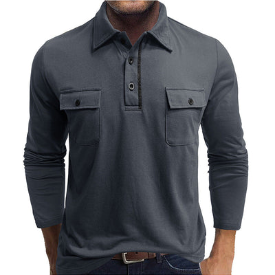Men’s Long Sleeve Polo Shirt – Cotton Blend – Regular Fit – Button Chest Pockets
