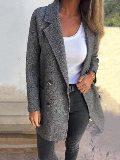 Women’s Overcoat – Tailored Fit – Wool Blend – Double-Breasted – Herringbone Pattern