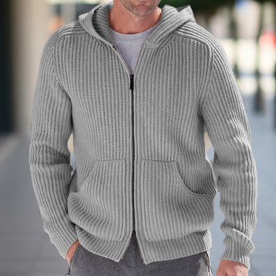 Men’s Knit Cardigan – Hooded – Relaxed Fit – Zipper Front – Ribbed Texture – Casual
